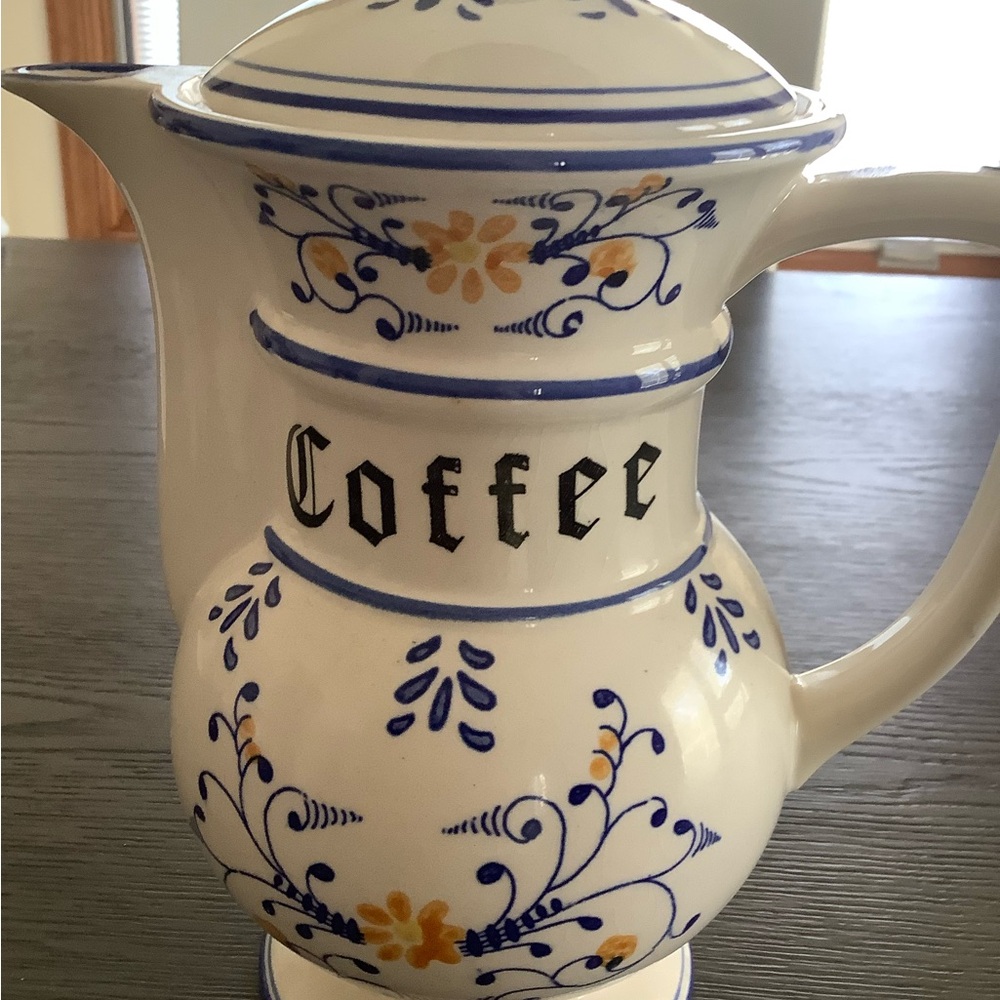 Vintage Style Coffee Pot with Blue and Yellow Floral Design